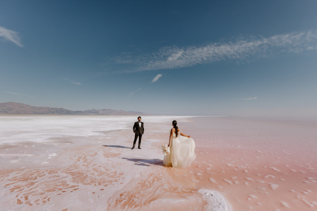wide image of the wedding couple in the pink lake with the mountains view
